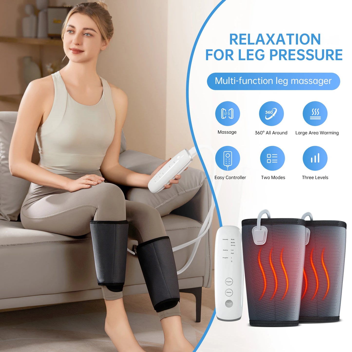 Leg Massager for Circulation Air Compression & Relaxation, for Calf Foot and Arms, with Handheld Controller, 2 Modes 3 Intensity