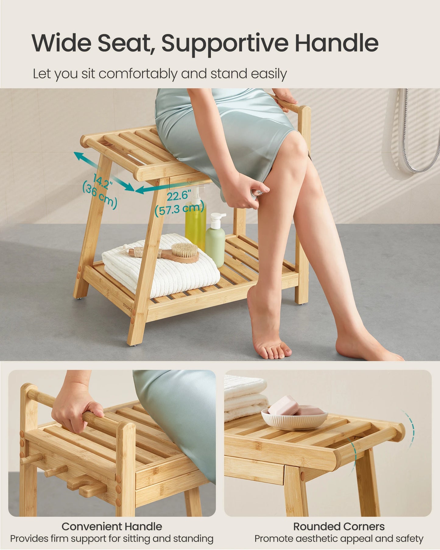 SONGMICS Bamboo Shower Bench with Storage Shelf, Shower Chair, Water Resistant Shower Stool with Handle and Hooks