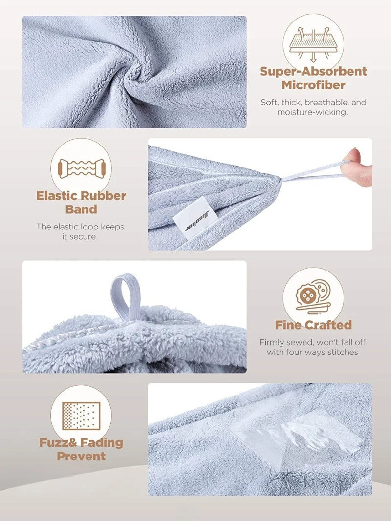 3 Pack Microfiber Hair Towels, Turban Wraps for Wet & Curly Hair, Anti-Frizz Drying - Blue, Grey, Pink