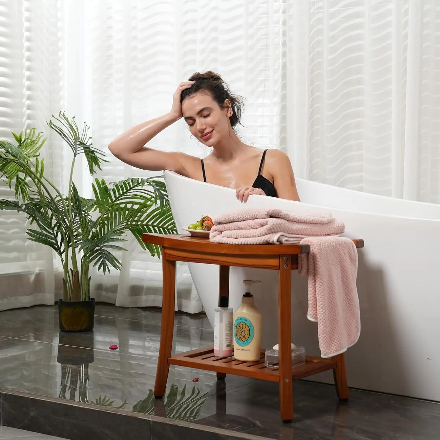 Teak Shower Bench With Handles Portable Spa Stool Shelf