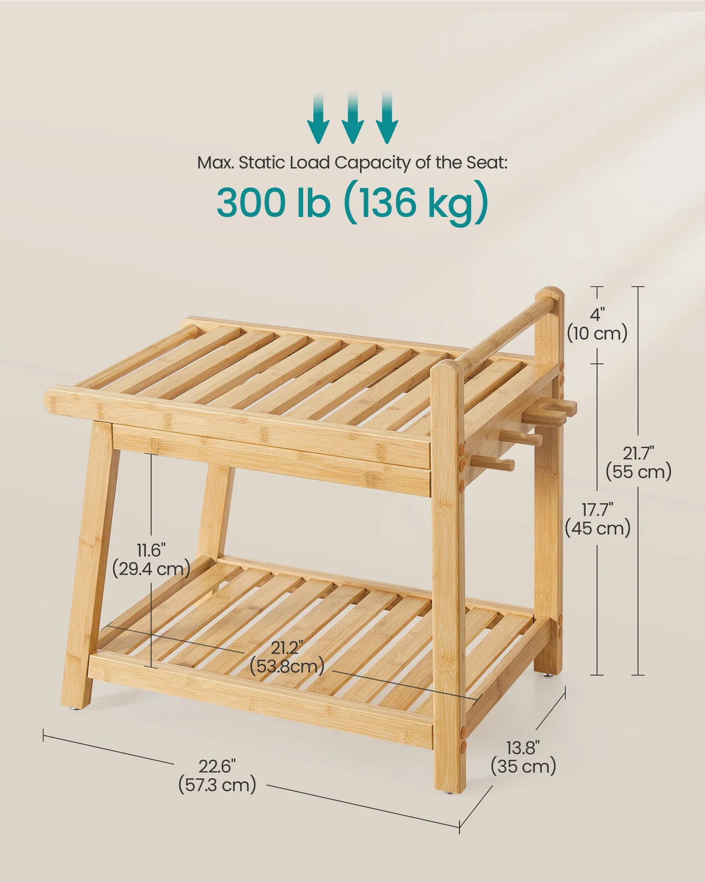 SONGMICS Bamboo Shower Bench with Storage Shelf, Shower Chair, Water Resistant Shower Stool with Handle and Hooks
