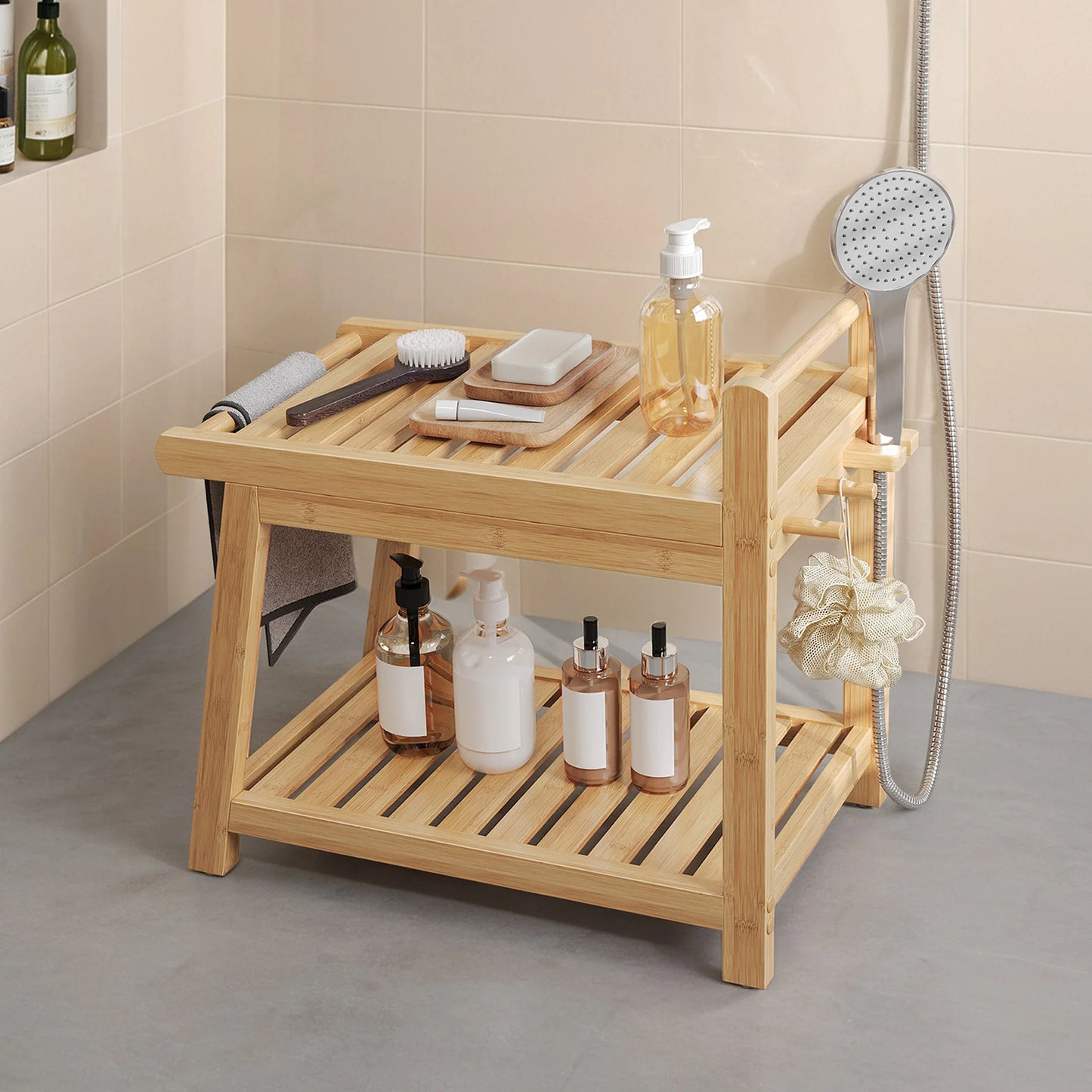 SONGMICS Bamboo Shower Bench with Storage Shelf, Shower Chair, Water Resistant Shower Stool with Handle and Hooks
