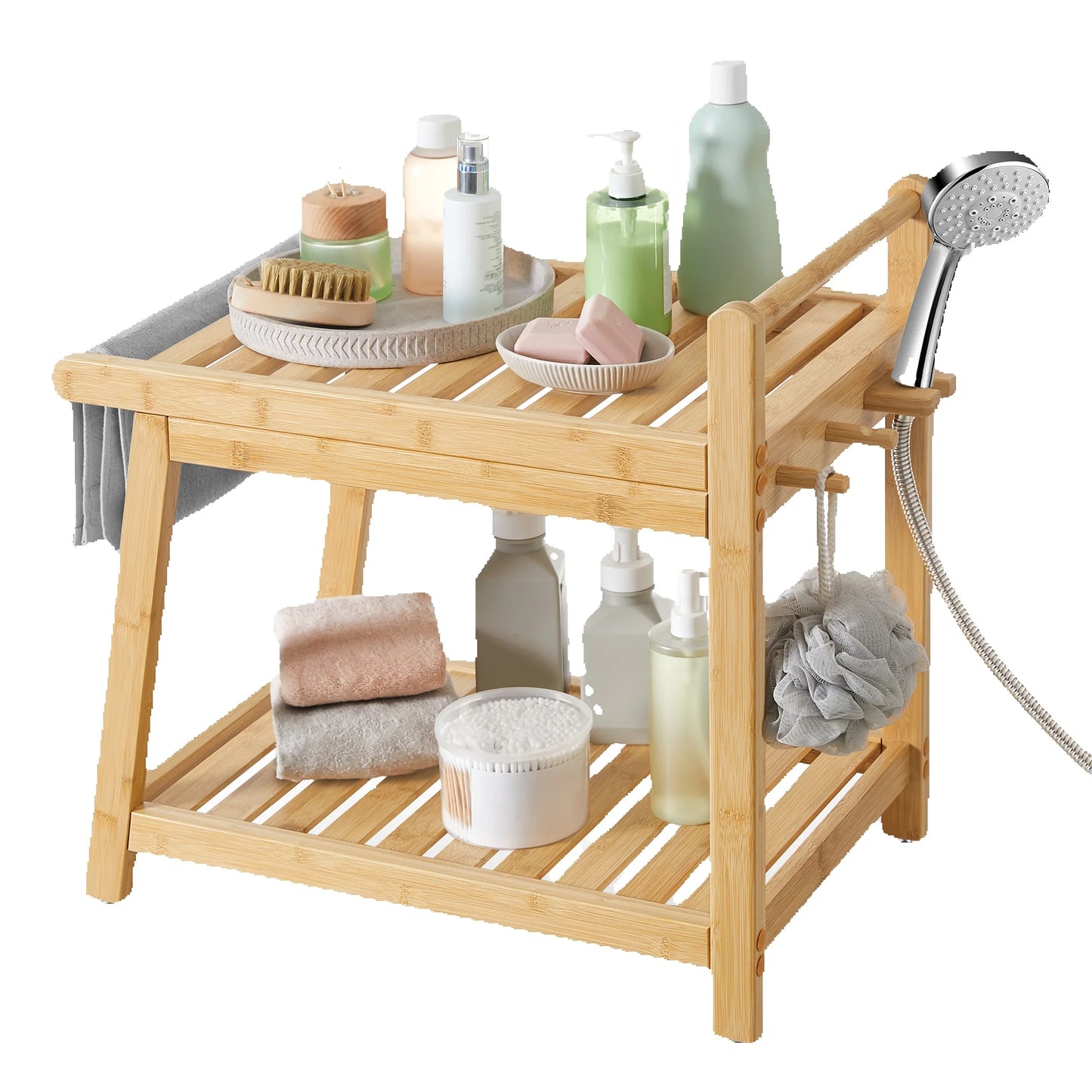 SONGMICS Bamboo Shower Bench with Storage Shelf, Shower Chair, Water Resistant Shower Stool with Handle and Hooks