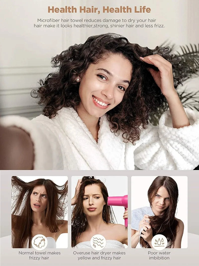 3 Pack Microfiber Hair Towels, Turban Wraps for Wet & Curly Hair, Anti-Frizz Drying - Blue, Grey, Pink