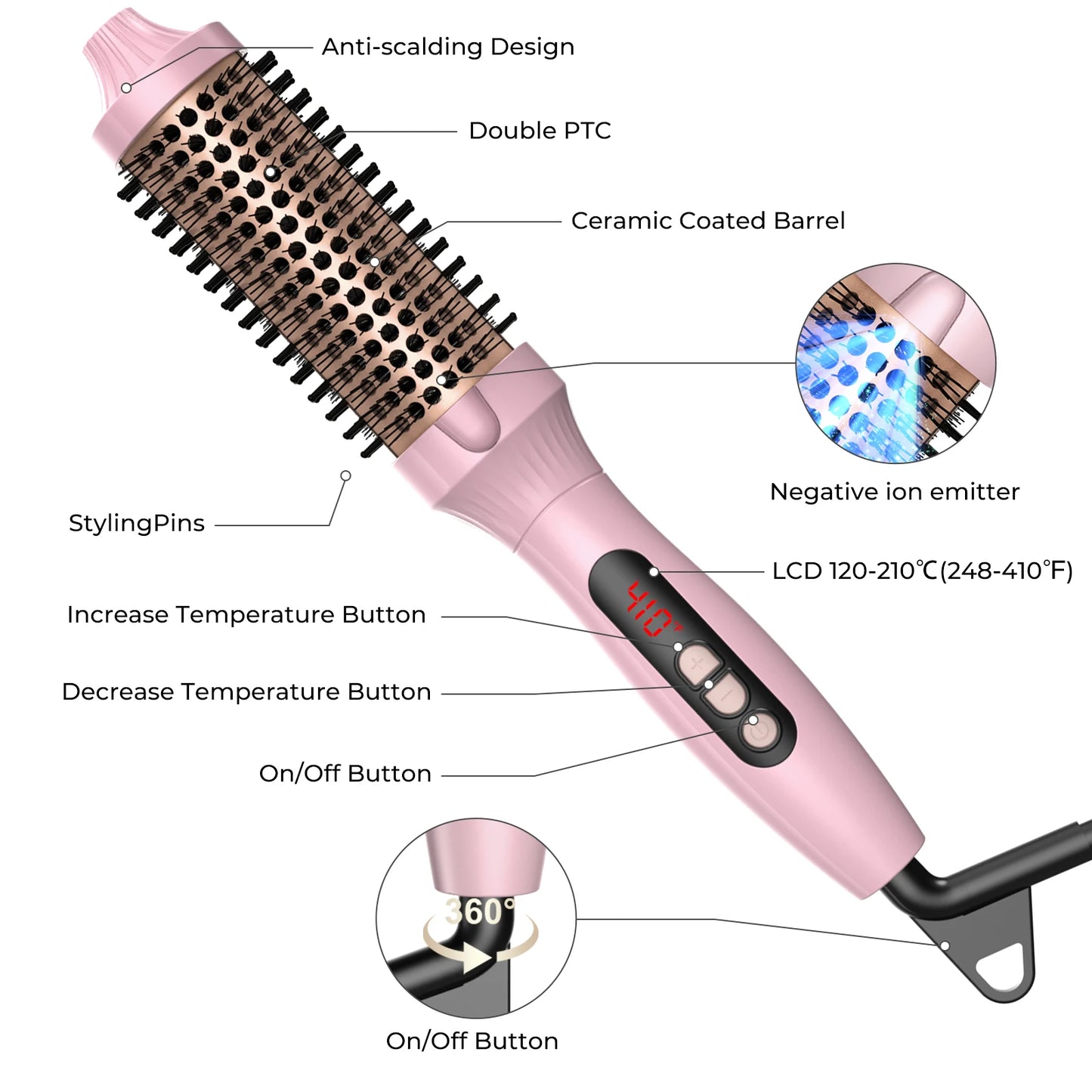 Thermal Brush One-Step Hot Air Brush&volumizer Hair Curler Straightener Hair Styling Brush Professional Curling Iron Heated PINK