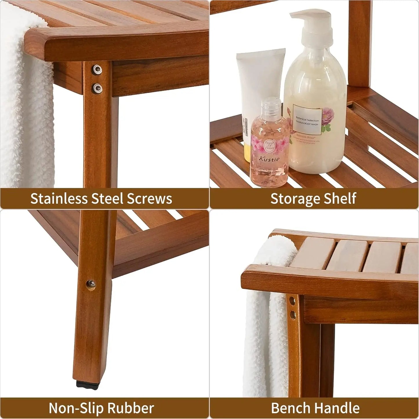 Teak Shower Bench With Handles Portable Spa Stool Shelf