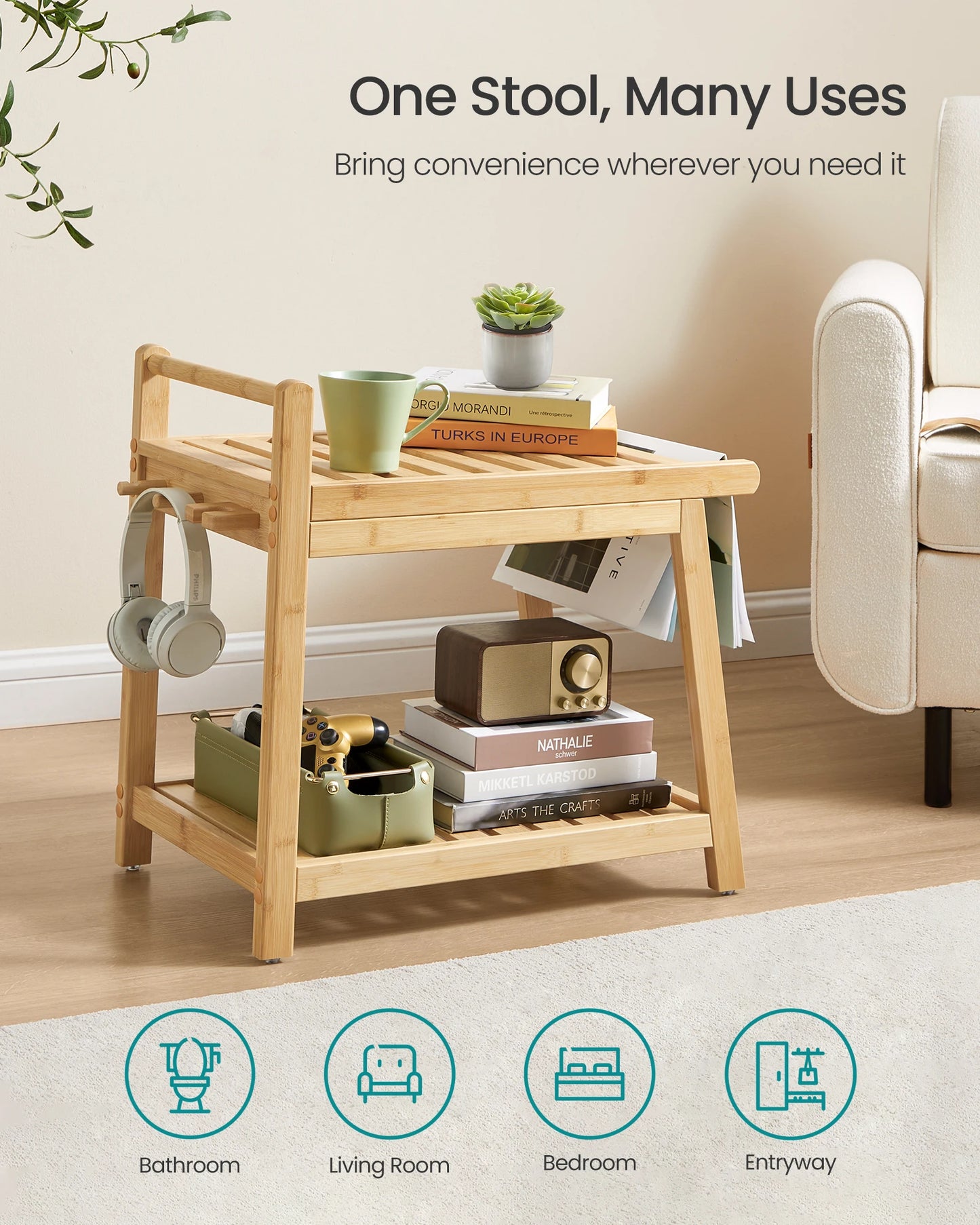 SONGMICS Bamboo Shower Bench with Storage Shelf, Shower Chair, Water Resistant Shower Stool with Handle and Hooks