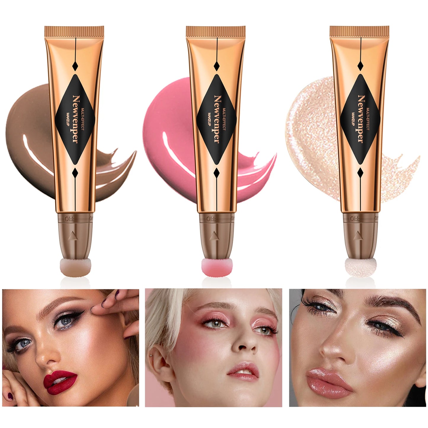 3 Pcs Liquid Contour,Liquid Highlighter,Liquid Blush Stick Makeup Kit, Luminizer Fair Contour+Pink Blush +Pearl White Highlight