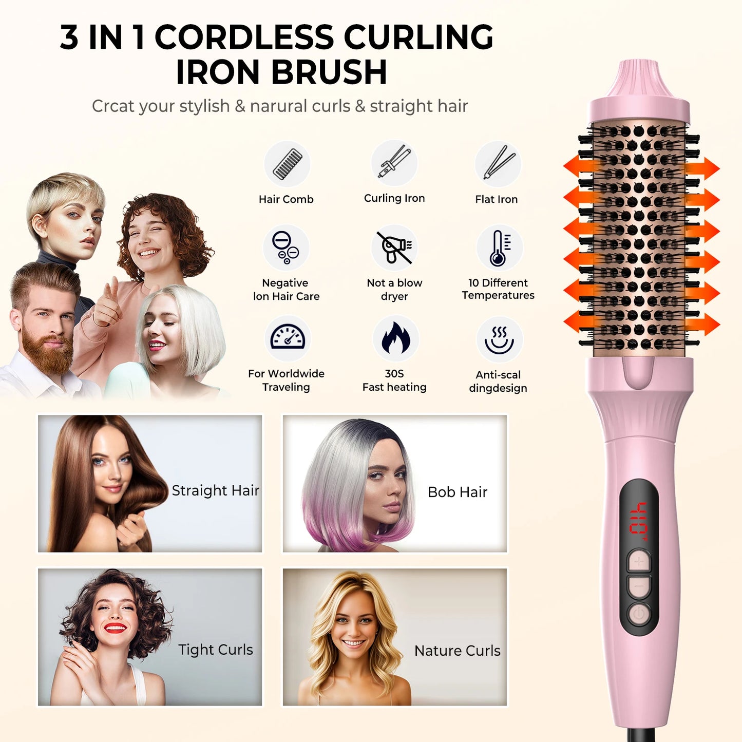 Thermal Brush One-Step Hot Air Brush&volumizer Hair Curler Straightener Hair Styling Brush Professional Curling Iron Heated PINK