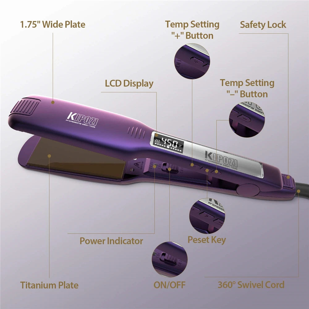 2024 KIPOZI Professional Titanium Flat Iron Hair Straightener with Digital LCD Display Dual Voltage Instant Heating Curling Iron