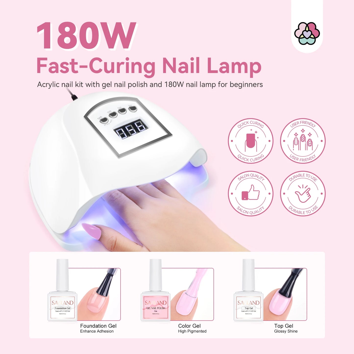 Saviland Complete Acrylic Nail Kit For Beginners With 180W Lamp