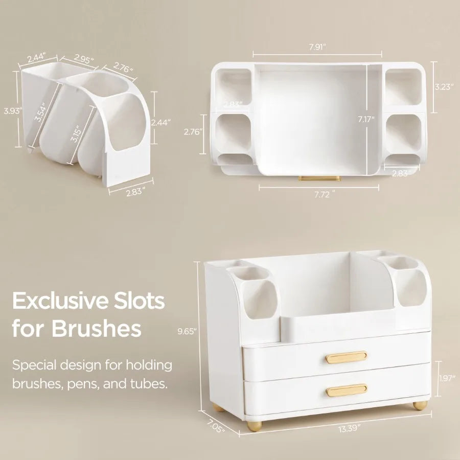All White Makeup Organizer for Vanity and Countertop with Brush Holder