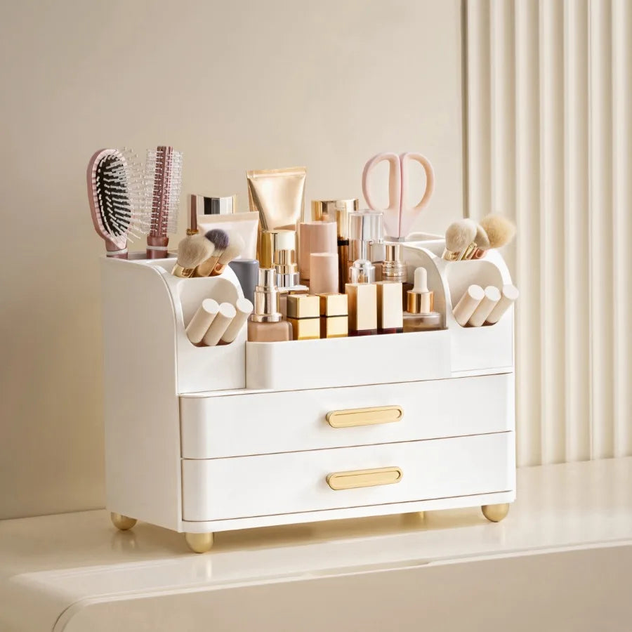 All White Makeup Organizer for Vanity and Countertop with Brush Holder