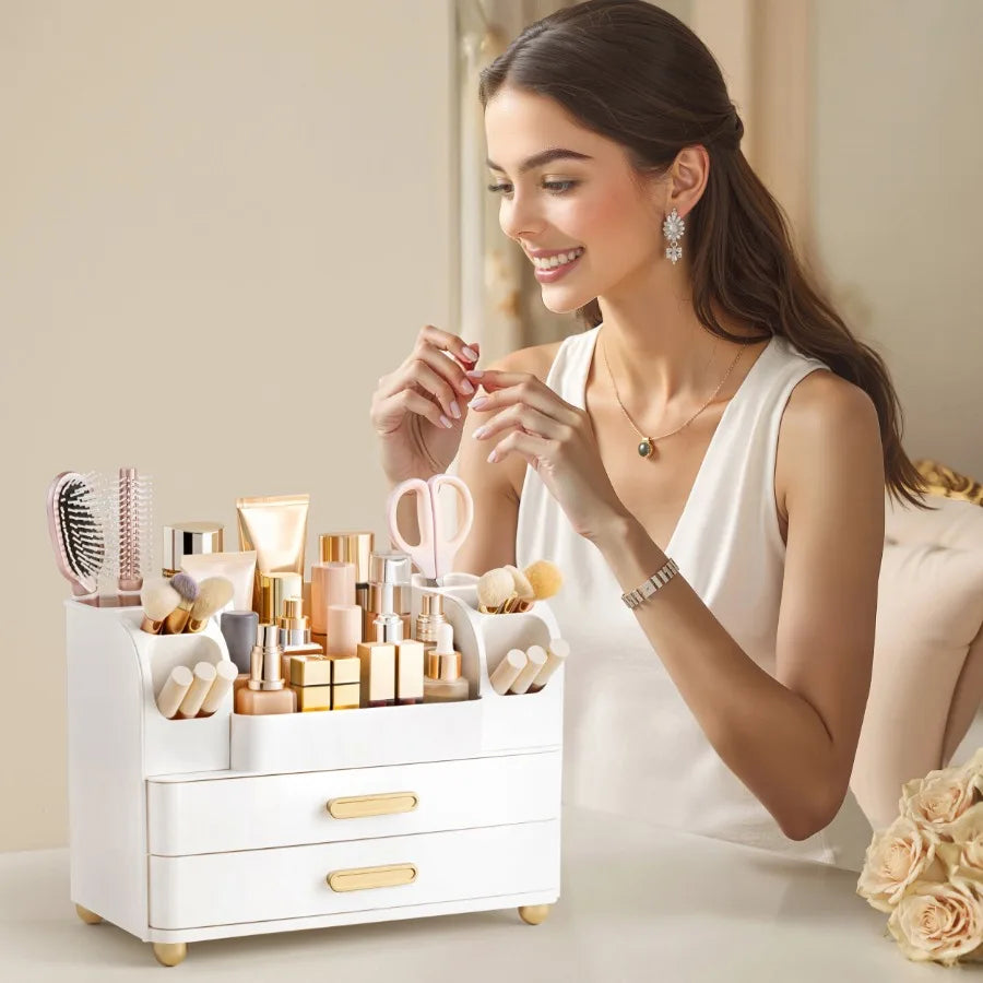 All White Makeup Organizer for Vanity and Countertop with Brush Holder