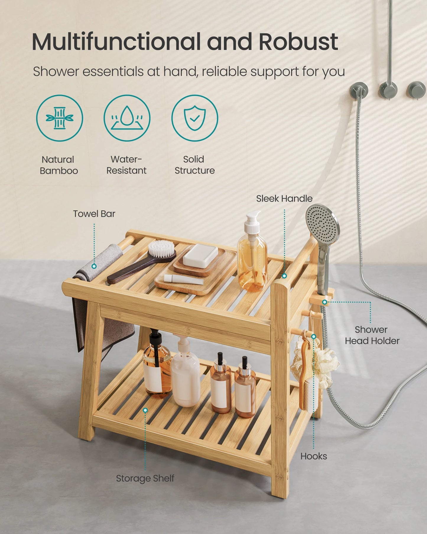 SONGMICS Bamboo Shower Bench with Storage Shelf, Shower Chair, Water Resistant Shower Stool with Handle and Hooks