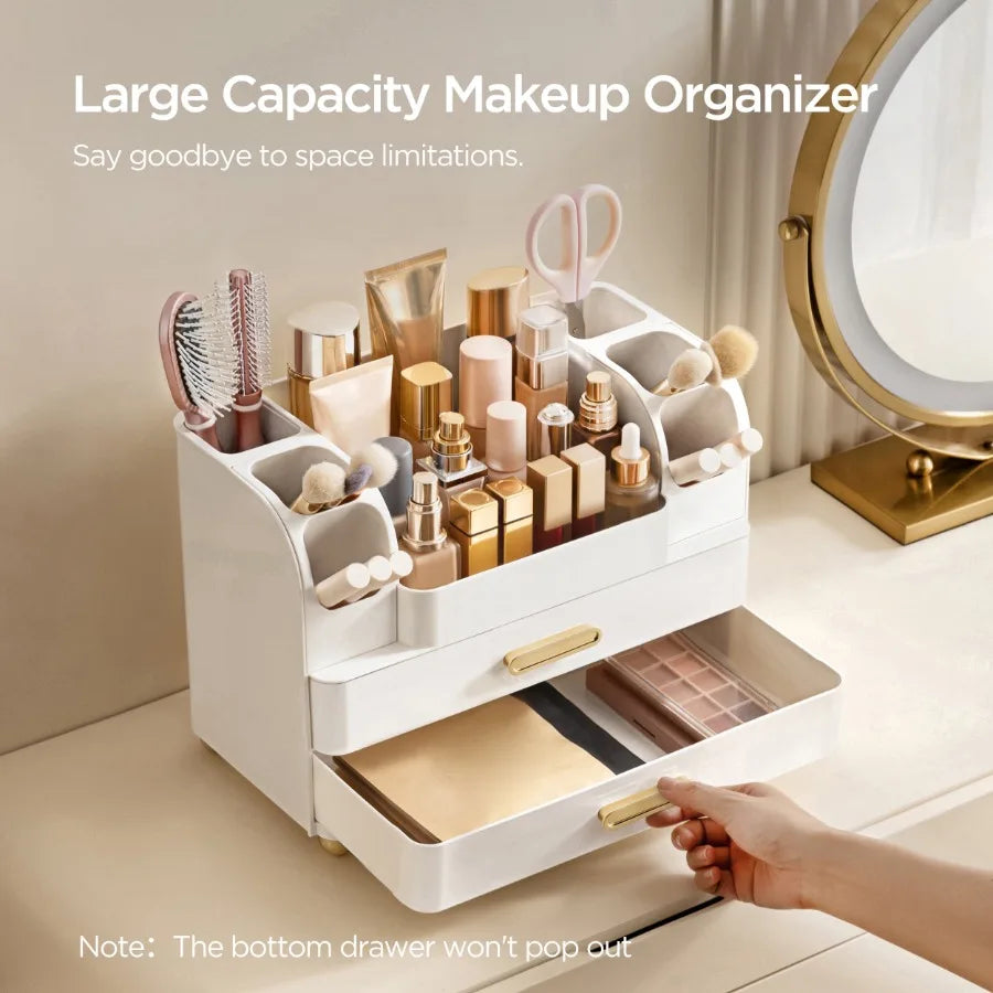 All White Makeup Organizer for Vanity and Countertop with Brush Holder