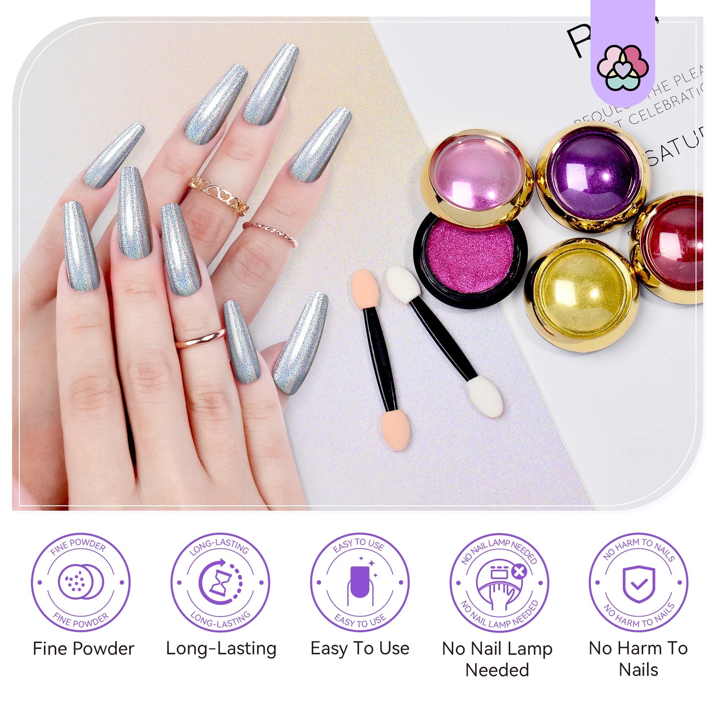 Saviland 24Pcs Chrome Nail Powder Set Metallic Mirror Holographic Finish