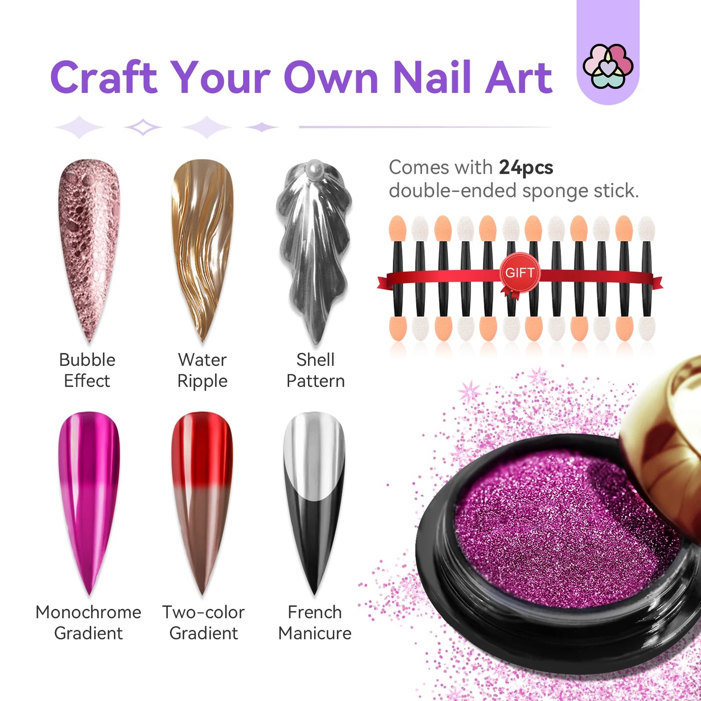 Saviland 24Pcs Chrome Nail Powder Set Metallic Mirror Holographic Finish