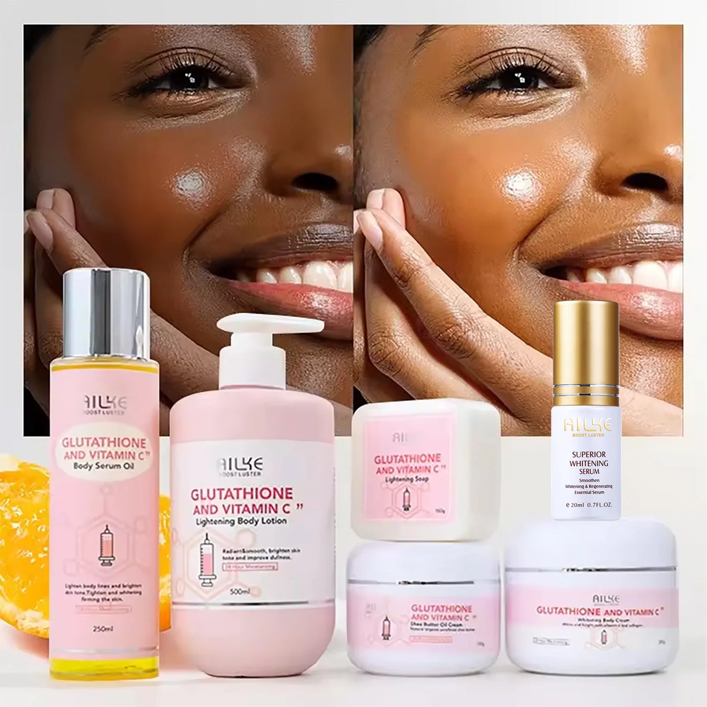 AILKE Brightening Skin Care Set With Vitamin C And Glutathione Reduces Spots Moisturizes And Improves Radiant Skin