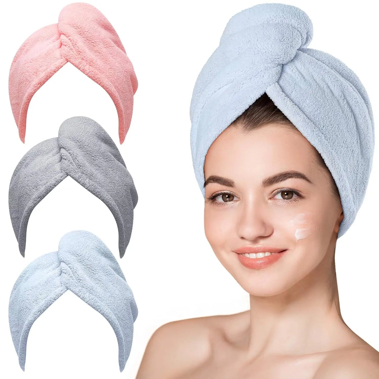 3 Pack Microfiber Hair Towels, Turban Wraps for Wet & Curly Hair, Anti-Frizz Drying - Blue, Grey, Pink