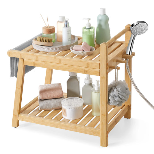 SONGMICS Bamboo Shower Bench with Storage Shelf, Shower Chair, Water Resistant Shower Stool with Handle and Hooks