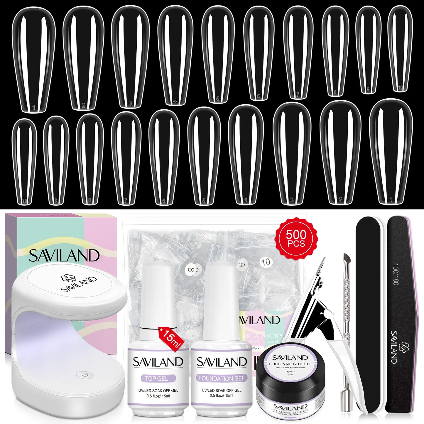 Saviland 500Pcs Gel X Nail Kit Full Cover Nails Lamp