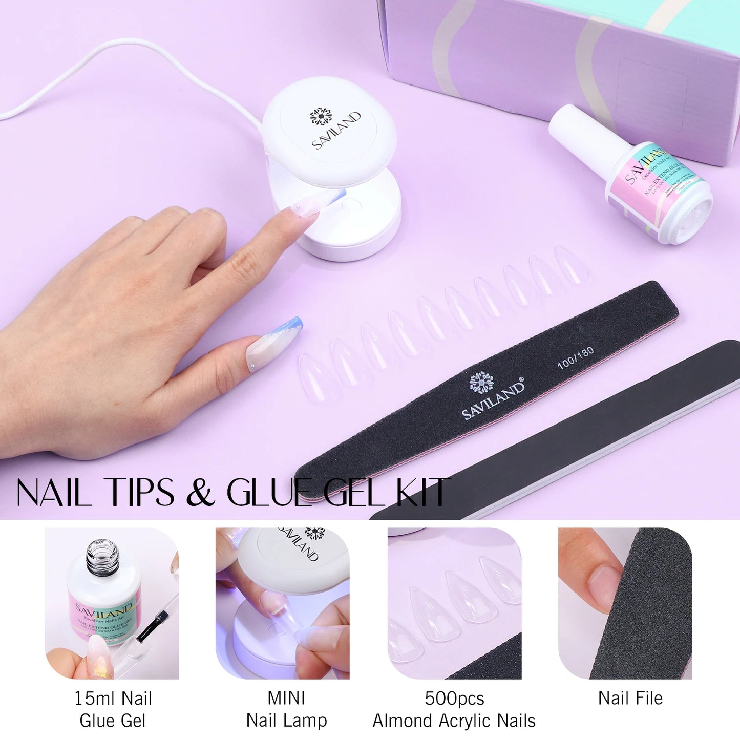 Saviland 500Pcs Gel X Nail Kit Full Cover Nails Lamp