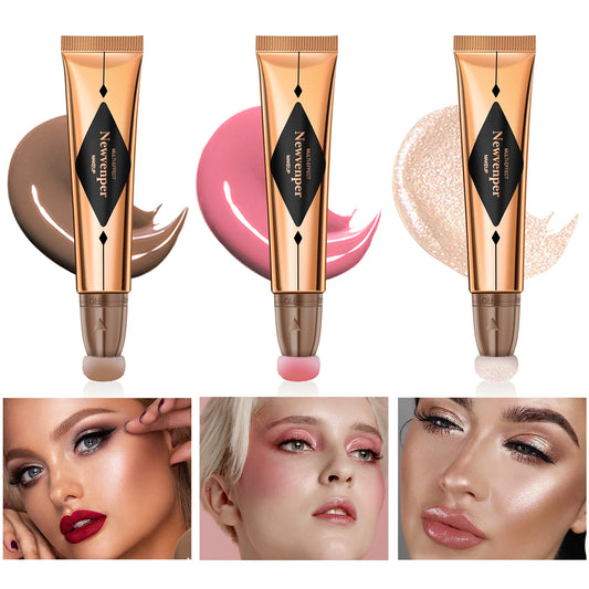 3 Pcs Liquid Contour,Liquid Highlighter,Liquid Blush Stick Makeup Kit, Luminizer Fair Contour+Pink Blush +Pearl White Highlight