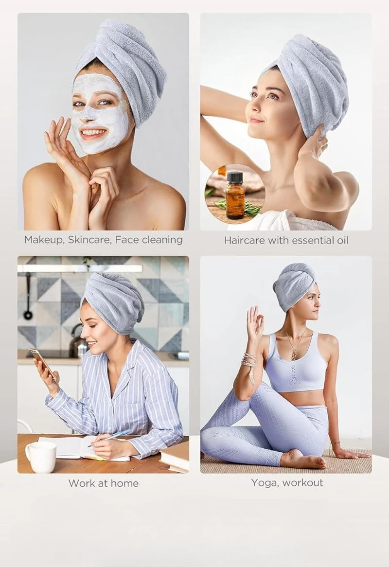 3 Pack Microfiber Hair Towels, Turban Wraps for Wet & Curly Hair, Anti-Frizz Drying - Blue, Grey, Pink