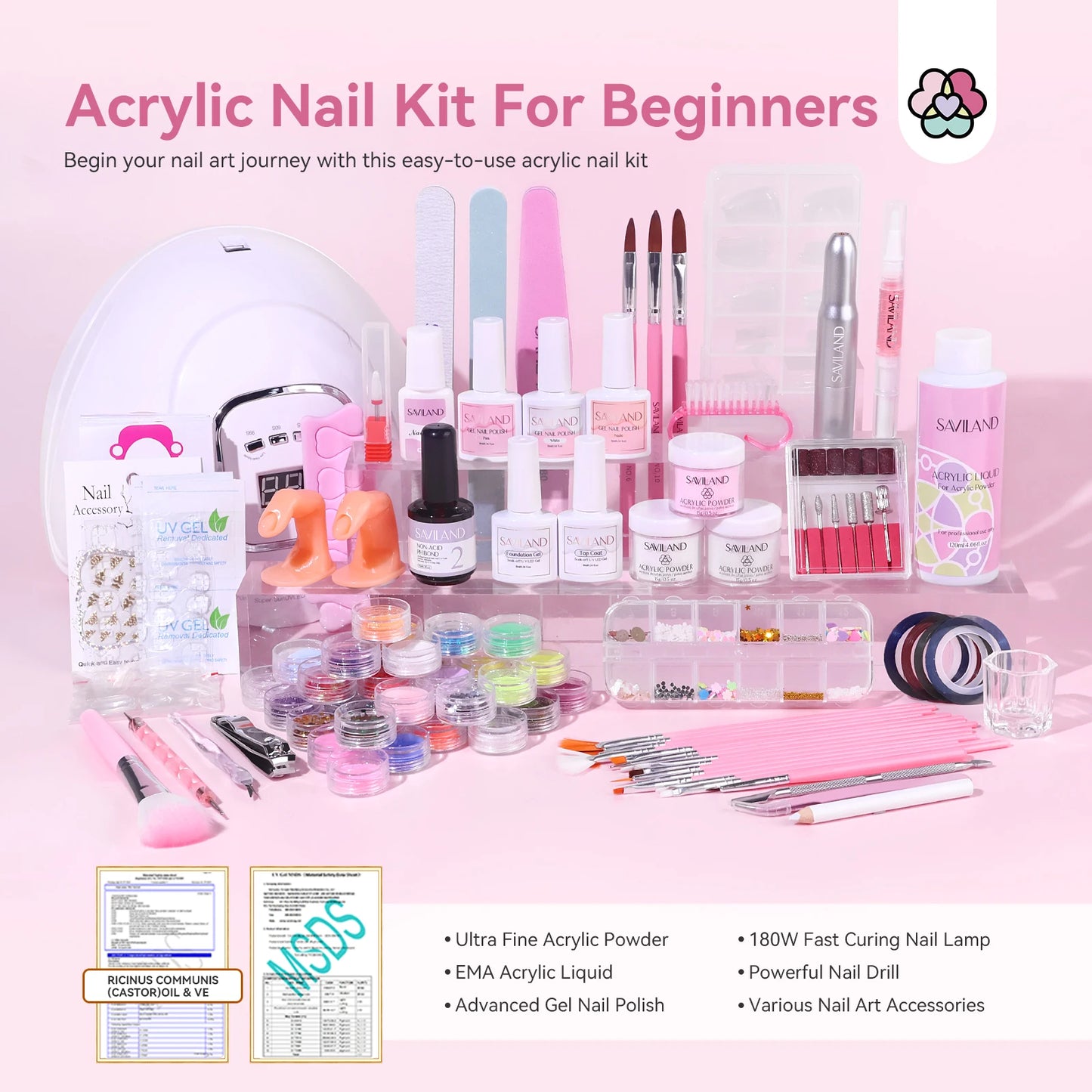 Saviland Complete Acrylic Nail Kit For Beginners With 180W Lamp
